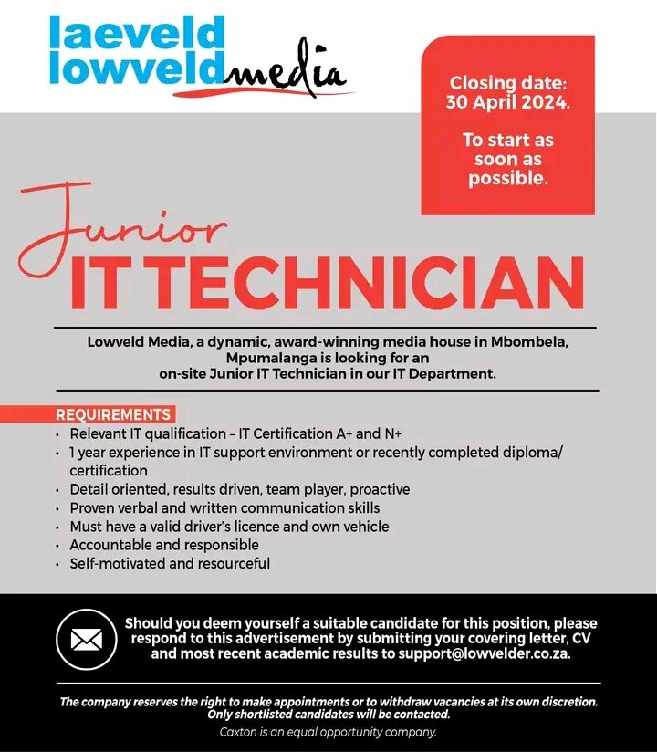 ADVERTISEMENT | Do you have what it takes? Lowveld Media is looking for an enthusiastic, passionate, full-time junior IT technician to join our team. #Lowveldmedia  #vacancy2024 #itconsultant