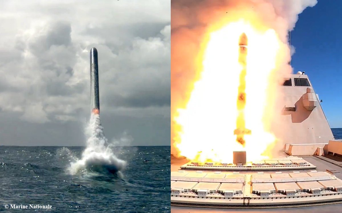 The image of 🇫🇷@MarineNationale MdCN submarine launched cruise missile piercing through sea surface is just... 😶 Full video of the synchronized launch of two MdCN from a 🇫🇷Suffren-class SSN and a 🇫🇷FREMM-class destroyer during trials a few days ago 👇