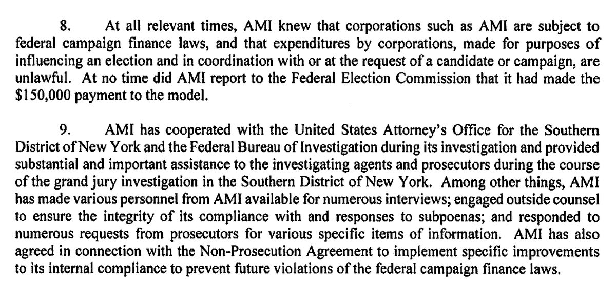 Context for this testimony: In 2018, the day of Michael Cohen's sentencing, SDNY revealed AMI entered into a non-prosecution deal resolving a campaign finance probe. AMI admitted the purpose of the Karen McDougal hush money—and agreed to beef up campaign finance compliance.