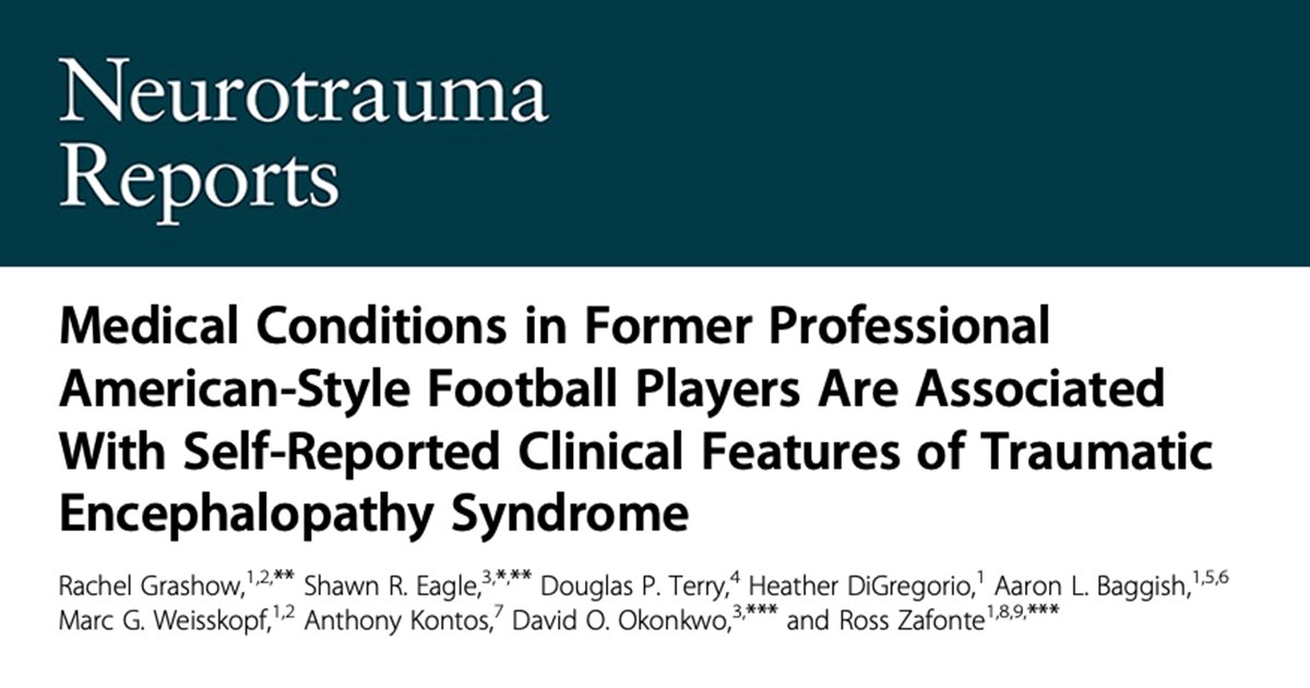 Cohort study of 1741 former football players shows several med conditions and higher concussion exposures were associated with higher odds of reporting clinical traumatic encephalopathy syndrome symptoms. bit.ly/3Jy0big @Pitt_NCTC @NFLPA @shawn_eagle @rdz12135 @dr_kontos
