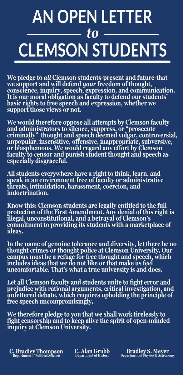 Given what's been happening on America's college campuses recently, I thought y'all might like to see my 'Open Letter to Clemson Students.' Jewish students looking for a non-antisemitic school should consider applying to the Lyceum Scholars program at Clemson.