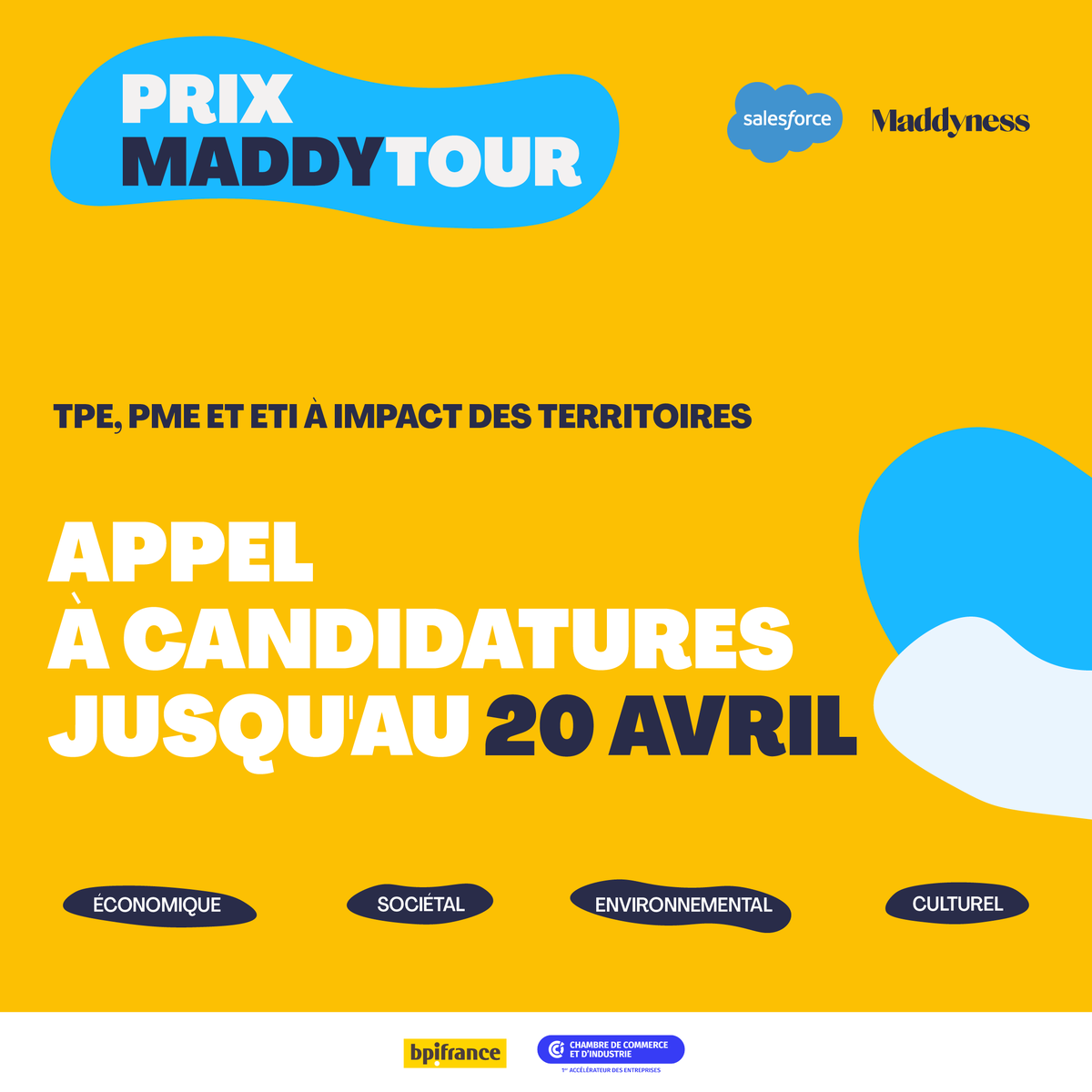 Bpifrance's tweet photo. J-8 avant de participer à la 2ᵉ édition #MaddyTour organisé par 
@bymaddyness 🤩
@Salesforce, @CCIFrance et Bpifrance sont partenaires de cet événement qui vise à mettre en avant les acteurs des territoires et entreprises à impact 🚀

Candidature ici 👉 https://t.co/ewCcPVRdvl https://t.co/PkgkPsAsGX