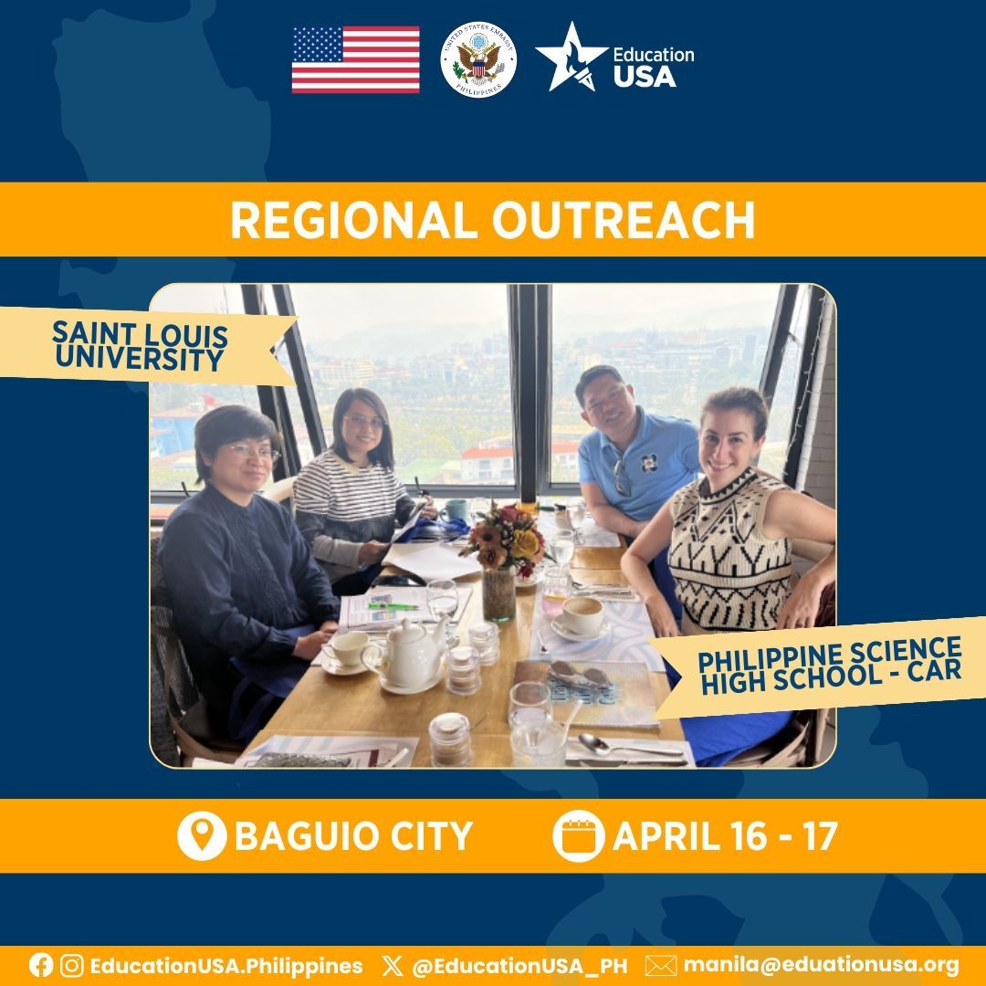 🌟 Exciting Update from EducationUSA! 🌟

We had an amazing visit to Baguio City where we met with dedicated guidance counselors who are committed to helping students achieve their dreams of studying in the U.S.! Thank you to everyone who joined us! #StudyintheUS