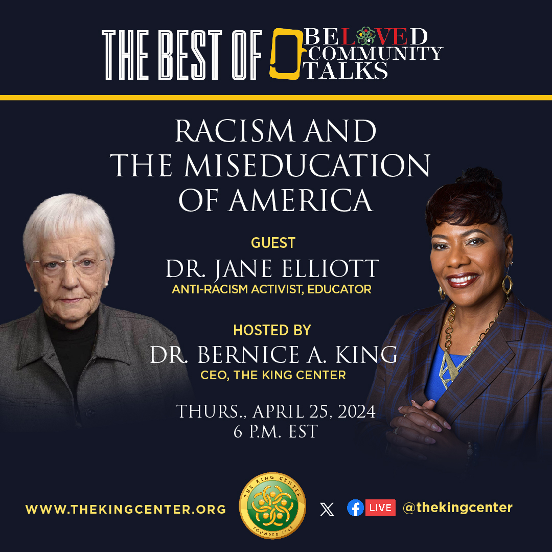 Thrilled for THE BEST OF BELOVED COMMUNITY TALKS with the remarkable Dr. #JaneElliott, a powerful anti-racism activist. Join me today, at 6 P.M. EST on the @thekingcenter's X and Facebook pages for this vital dialogue. Let's unite to #EndRacism.