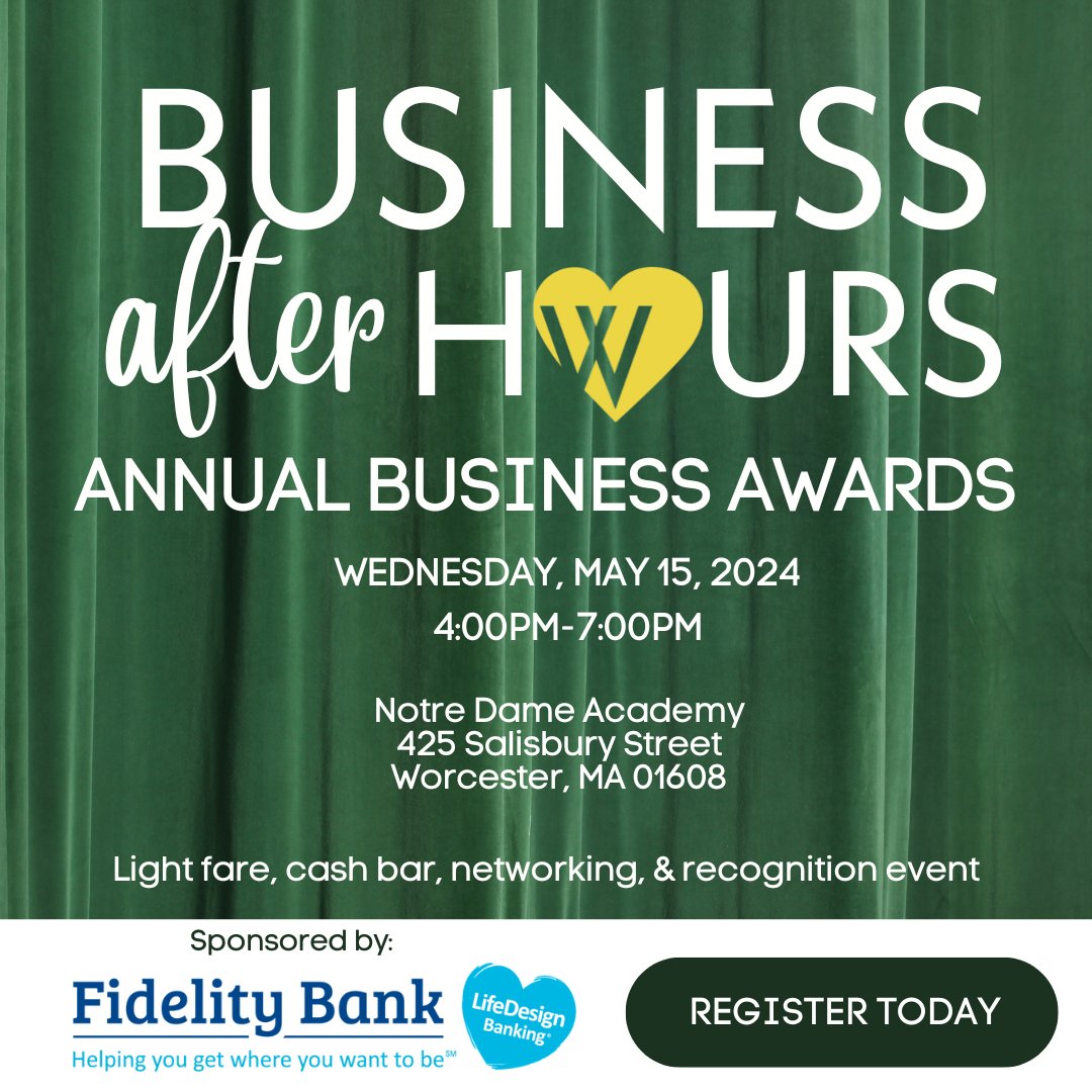 Save the date for this year's Business After Hours Annual Awards Ceremony! Join us at @ndaworcester as we congratulate all of our 2024 award recipients. 🗓 Wednesday, May 15, 2024 ⏰ 4:00 PM - 7:00 PM Made possible by our sponsor, @FidelityBankMA zurl.co/jRi9