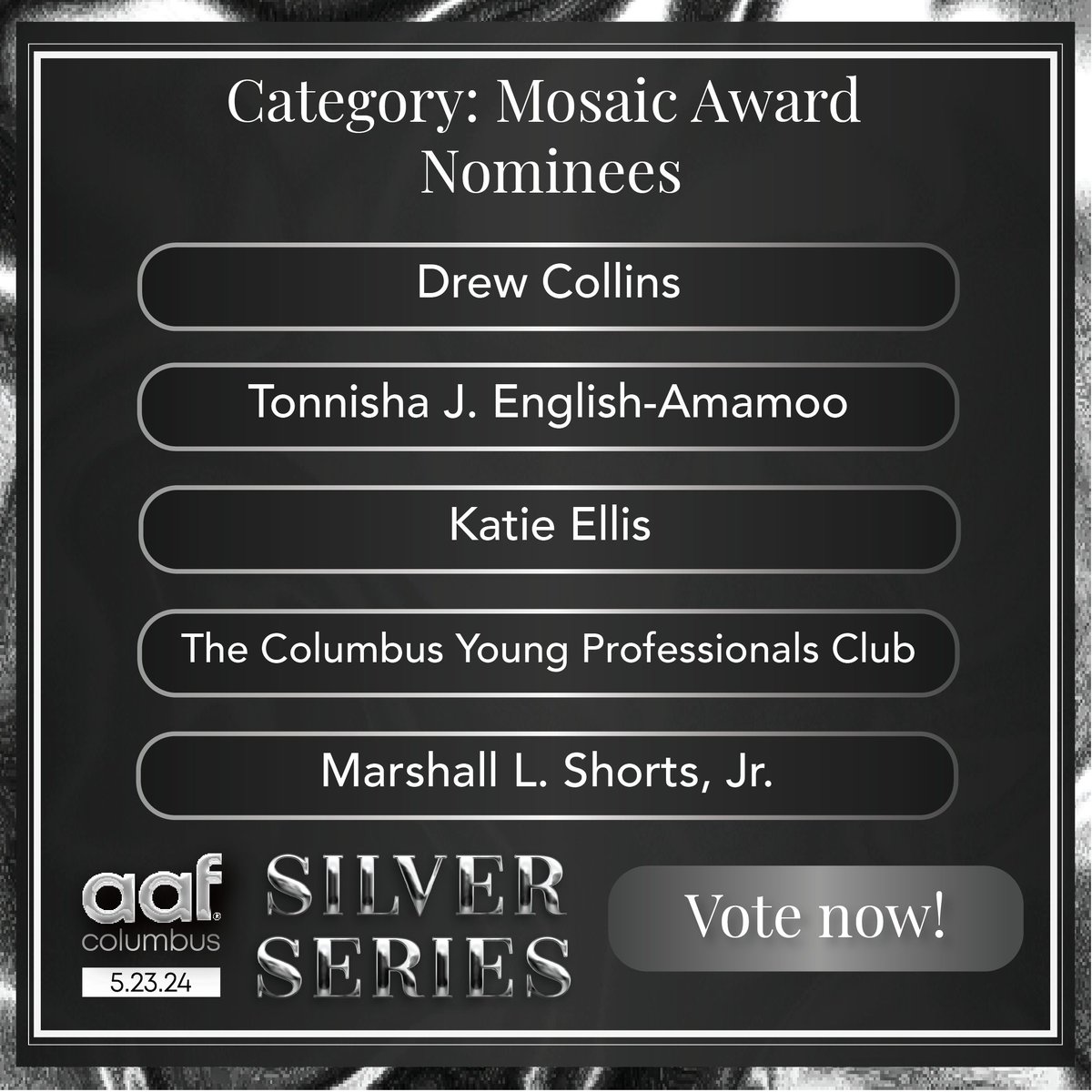 Shining the spotlight on these amazing nominees! 💫 Cast your vote now for the Mosaic Award! The nominees are Drew Collins, Tonnisha J. English-Amamoo, Katie Ellis, The Columbus Young Professionals Club, and Marshall L. Shorts. Vote here:  docs.google.com/forms/d/e/1FAI…