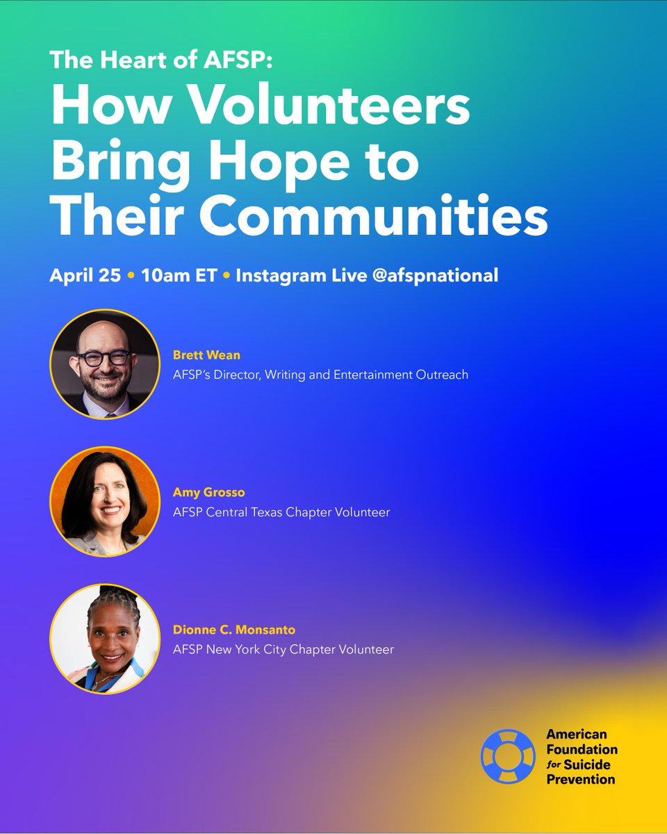 At 10am over on Instagram Live, @brettwean, our Director of Writing and Entertainment Outreach, will speak with @AmyLGrosso of @afspctx and @JoyousOcean of @afspnyc about being longtime volunteers for AFSP to celebrate National Volunteer Week! Join us: instagram.com/afspnational