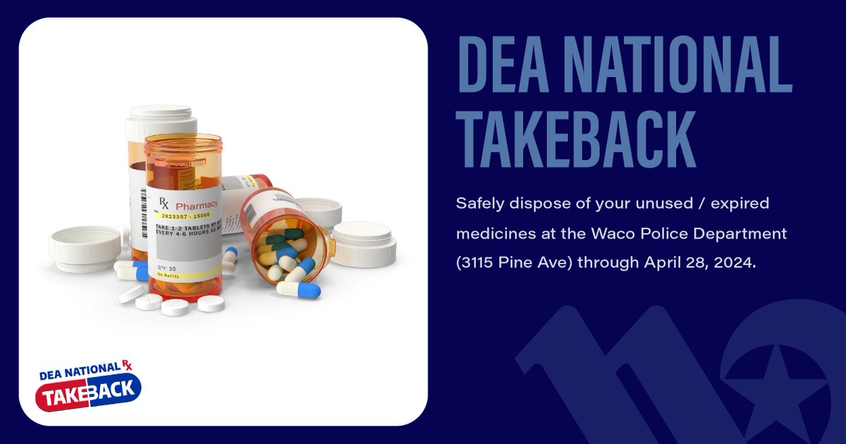As part of the @DEAHQ's National Drug Take Back program, you can safely dispose of your unused/expired medicines in the Drug Take Back Box in the lobby of the @WacoPolice Dept (3115 Pine Ave) through April 28. 👉More info: Waco-Texas.com/DEA #wacotexas #wacotx #wacopolice