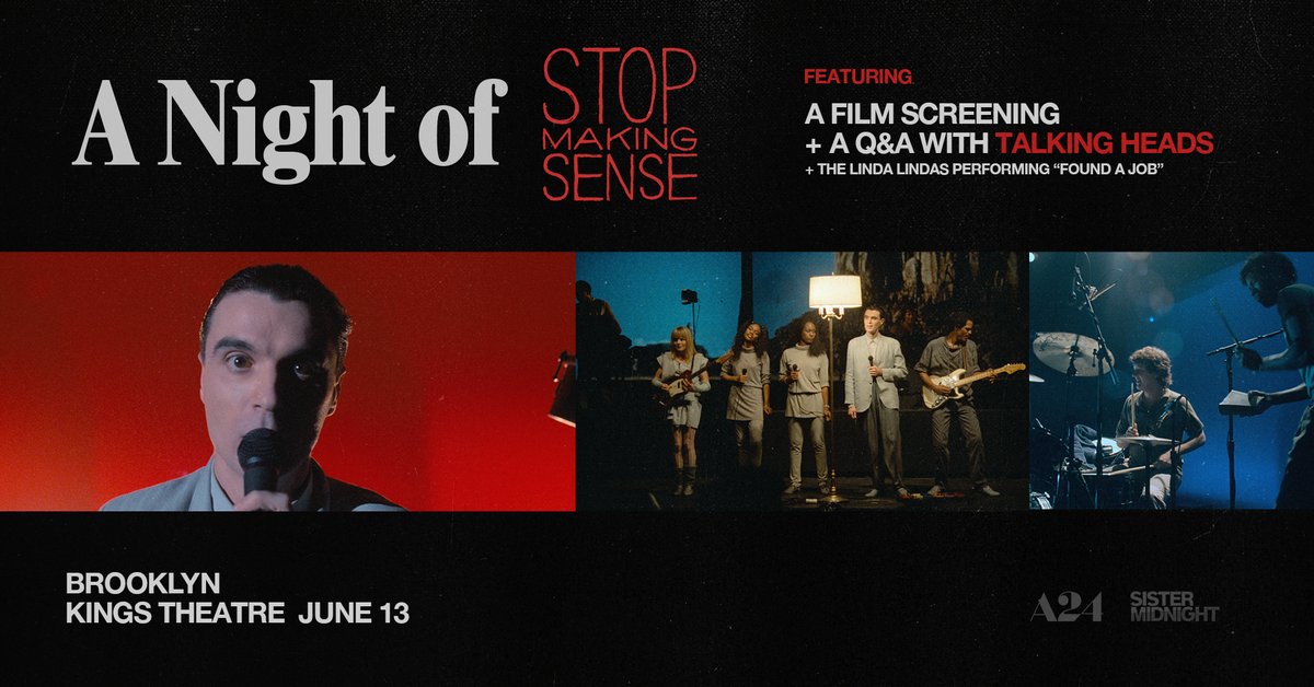 Kings Theatre (@kingsbklyn) on Twitter photo JUST ANNOUNCED:  Celebrate the 40th anniversary of the iconic concert film, "Stop Making Sense" with the Talking Heads on 6/13! Join us for a screening, Q&As, and performance by The Linda Lindas.
And you may find yourself with tickets:
Tomorrow @ 10am at bit.ly/4b8DCN0 JUST ANNOUNCED:  Celebrate the 40th anniversary of the iconic concert film, "Stop Making Sense" with the Talking Heads on 6/13! Join us for a screening, Q&As, and performance by The Linda Lindas.
And you may find yourself with tickets:
Tomorrow @ 10am at bit.ly/4b8DCN0