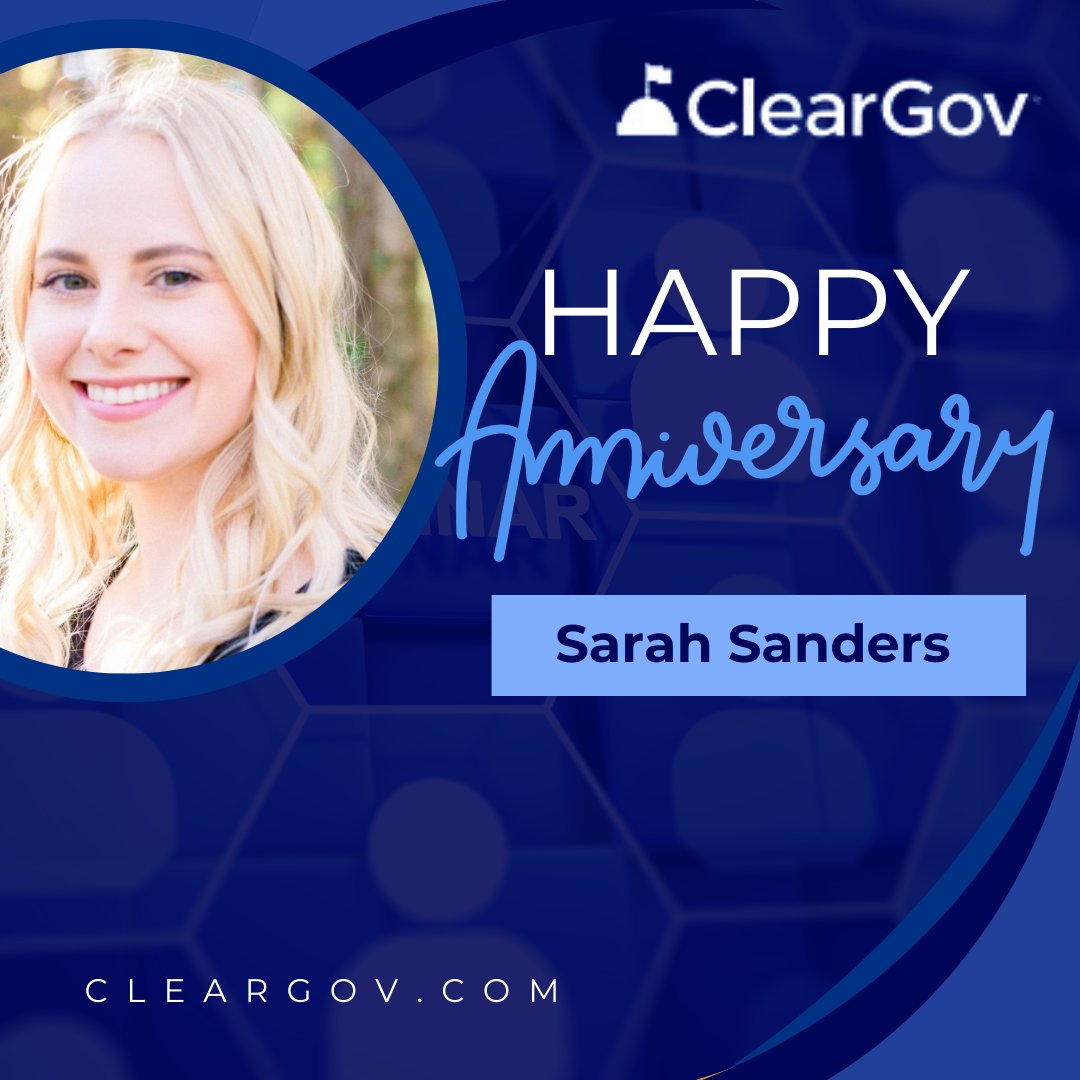 Wishing Sarah Sanders, our awesome Demand Generation Manager, a Happy ClearGov Anniversary. We appreciate you! #ClearGov