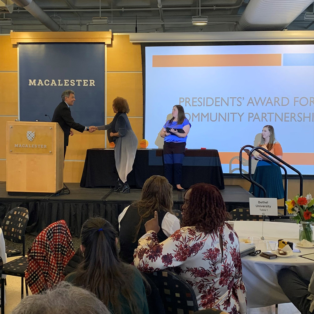 @st_kates nominated us 4 President's #CommunityPartner Award thru Campus Compact Iowa & #Minnesota at Macalester College. Our Youth Justice Pgrm. Mngr. & 2 others received the award 4 #CivicEngagement #Leadership acknowledging work founding @metrostateu's annual URMI conference