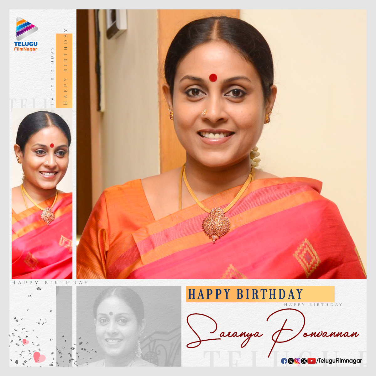 Sending warm birthday wishes to the immensely talented actress #SaranyaPonvannan! 🎉🎂
Have a wonderful year filled with love, laughter, and cherished moments!! 💖

#HappyBirthdaySaranyaPonvannan #HBDSaranyaPonvannan #TFNWishes #TeluguFilmNagar