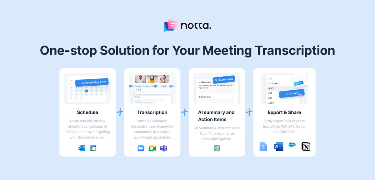 NottaOfficial's tweet image. #Notta，One-stop solution for capturing and summarizing meeting #notes.

Connect Notta to your Google Calendar to easily schedule events, record and #transcribe sessions in real-time, and effortlessly create a meeting summary listing the key points and action items.