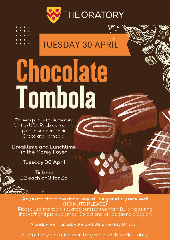 🍫OS Families🍫 A reminder to please bring in donations for our @OratoryRacquets USA Tour Fundraising Chocolate Tombola, taking place at breaktime and lunchtime on Tuesday 30 April! Thank you. 🇺🇸🎾 #OratoryRacquets