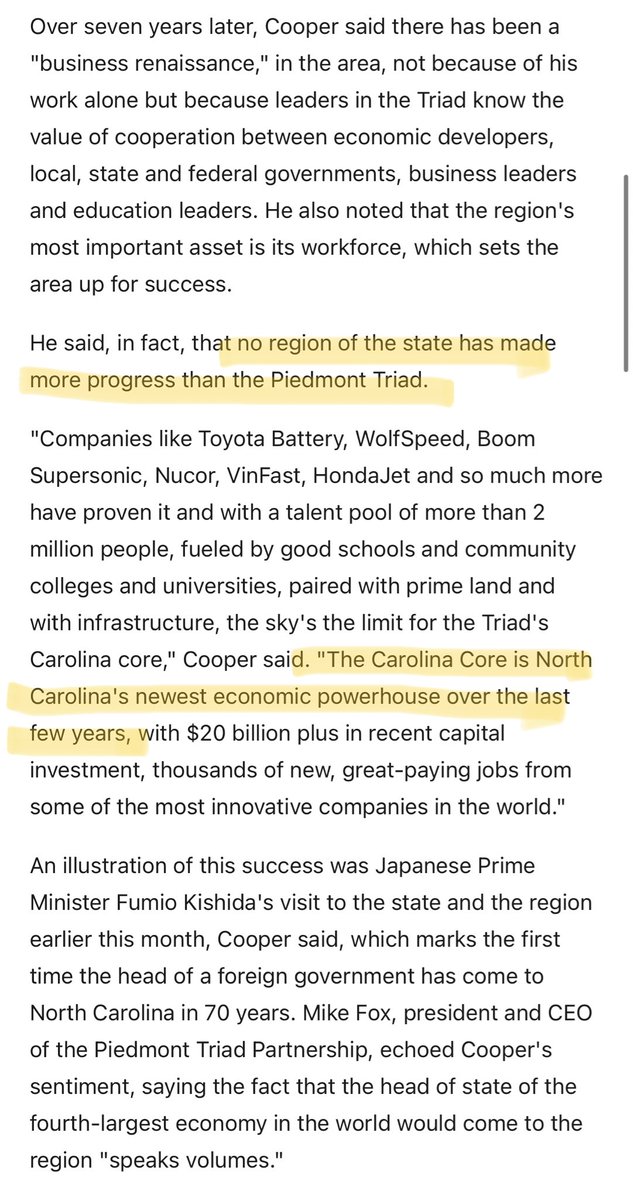 #longNC Carolina Core edition

“No region has made more progress”

The Piedmont Triad has long been viewed as “just” a corridor between Raleigh & Charlotte.

That’s quickly changing as varied manufacturing announcements are made, accelerating to a constant drumbeat the last ~3yrs
