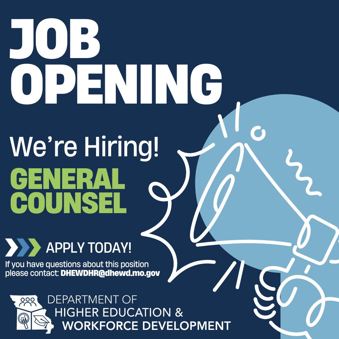 JOB OPENING: MDHEWD is seeking a licensed attorney to serve as General Counsel to the Department. Apply today to join a people-centered team committed to putting Missourians on a path to learn, work and prosper. More info: bit.ly/3vWelGS