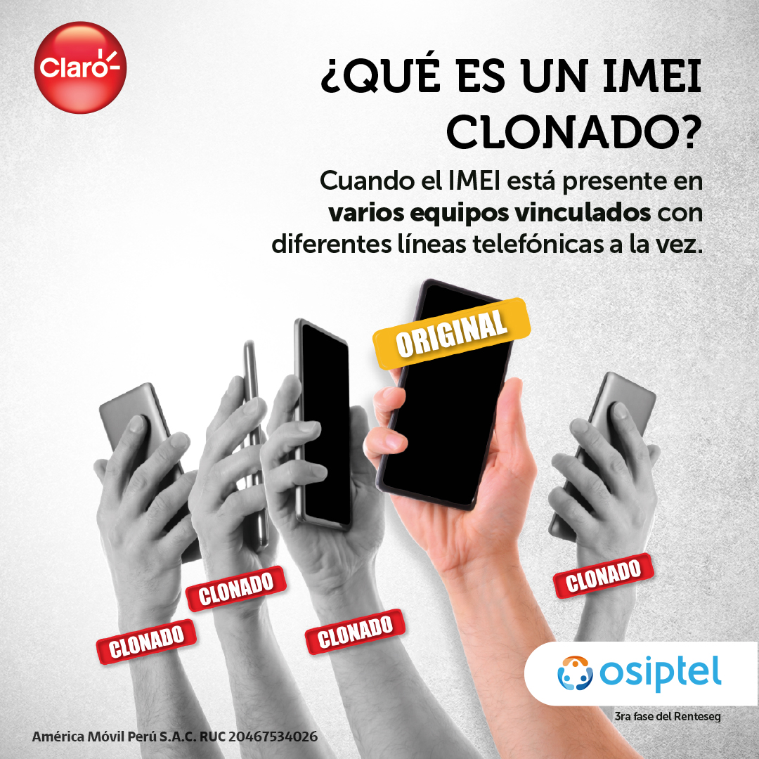 Un IMEI clonado es el que está presente en varios celulares vinculados con diferentes líneas telefónicas a la vez. Es como si varias personas tuvieran tu DNI. Ingresa a #ChecaTuIMEI ➡️ osiptel.gob.pe/sistemas/sigem… y verifica su estado. #CompraInformado ➡️ bit.ly/BloqueoDeCelul…