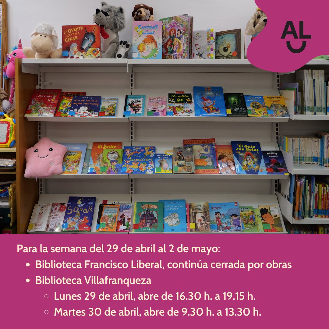 ¡Atención! 📣 Del 29 de abril al 2 de mayo:

🔸 Biblioteca Francisco Liberal, continúa cerrada por obras

🔸 Biblioteca Villafranqueza: lunes 29 de abril, abre de 16.30 h. a 19.15 h y martes 30 de abril, abre de 9.30 h. a 13.30 h.

#culturALC #bibliotecasmunicipales