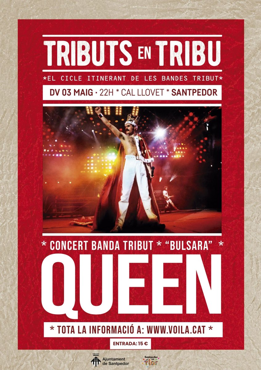 👩‍🎤Concert de Tribut a #Queen divendres que ve a Santpedor! @voila_cat @tributsentribu 🗓️Divendres 3 de maig ⏰22 h 📌Cal Llovet 🎟️15 € voila.cat/events/tribut-…