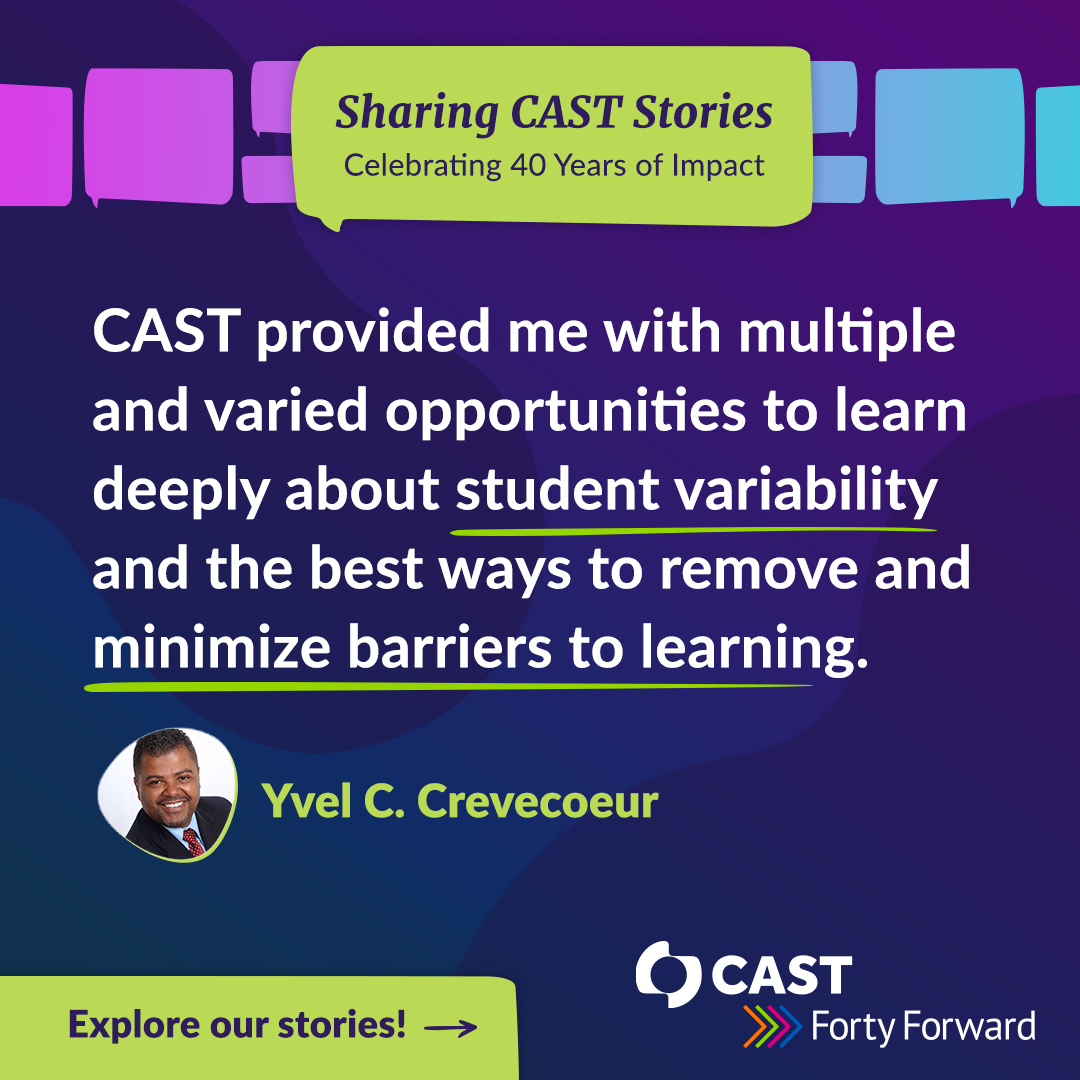 🎉 Join us in celebrating 40 years of impact with CAST! Explore Yvel C. Crevecoeur, PhD's journey and the power of UDL! 📖 #CAST40 #cast_udl #UDL #InclusiveEducation #ThankfulThursday Read Yvel's story! ow.ly/vOs550RnznV