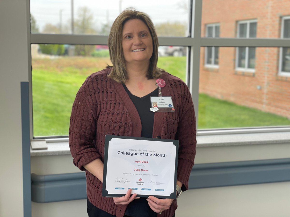 Congrats Julie Drew, April Colleague of the Month at DMH. The speech pathologist works in a fast-paced environment at Memorial Therapy Care and ensures both inpatient and outpatient neurology patients receive the highest level of evidence-based care.