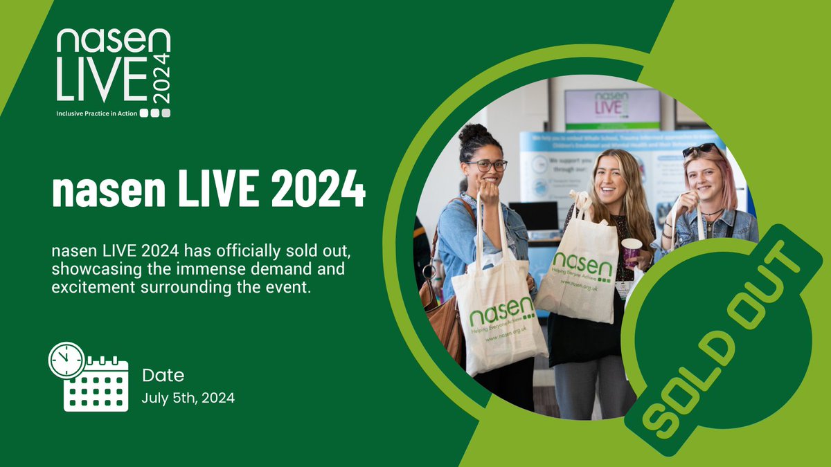 😱 The entirety of nasen LIVE’s 2024 ticket allocation has now been SOLD! Managed to secure a ticket? Then you can look forward to an unmissable SEND event! If you didn't manage to secure a ticket, you can join our waiting list here: ow.ly/eO1Y50RnO1E🌟 #nasenLIVE #SoldOut