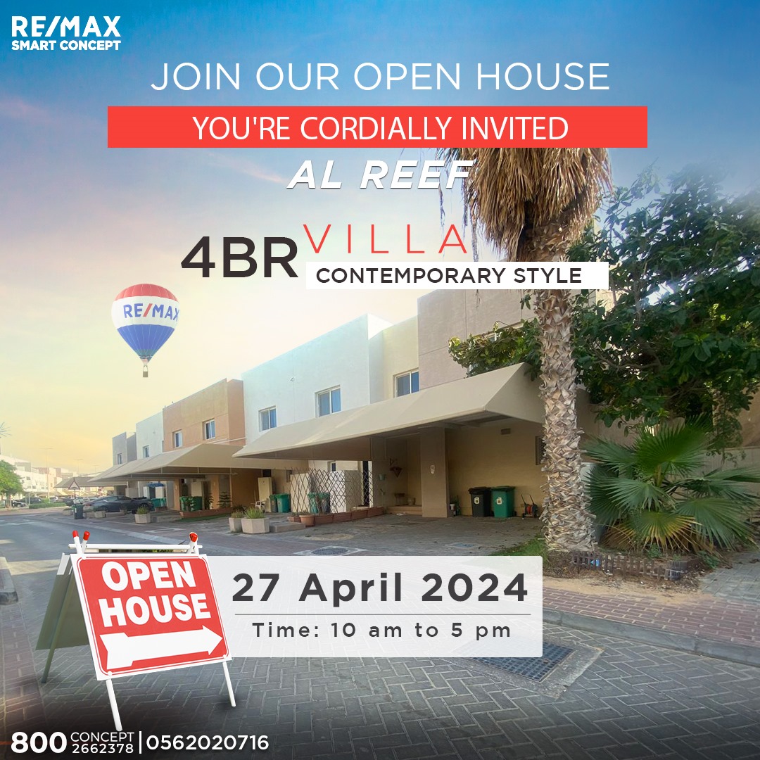 ✨Join Our Open House in Al Reef & Experience Elegant Living in a Cosmopolitan Community
➡ 4 Bedroom Villa

You're cordially invited!

For more details, contact: Re/max Smart Concept
800-Concept
800-2662378

#OpenHouse #ForSale #PrimeLocation #Remax #AlReef