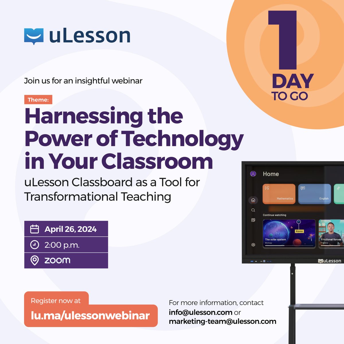 ulessonapp's tweet image. Get ready for interactive learning with uLesson Classboard! 📚
Only 1 day until our webinar where we'll unveil its awesome features. Register now for an exciting journey: lu.ma/ulessonwebinar 💜
#uLesson #uLessonClassboard #Classboard #LoveTeaching #Education #Teaching…