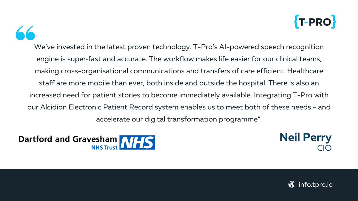 Feedback from Dartford &amp; Gravesham NHS Trust 🎉
T-Pro seamlessly integrates with the Trust’s #CliniCom PAS and #AlcidionEPR, enhancing efficiency and reducing workload in medical documentation. Learn more: info.tpro.io #DigitalHealth #HealthTech