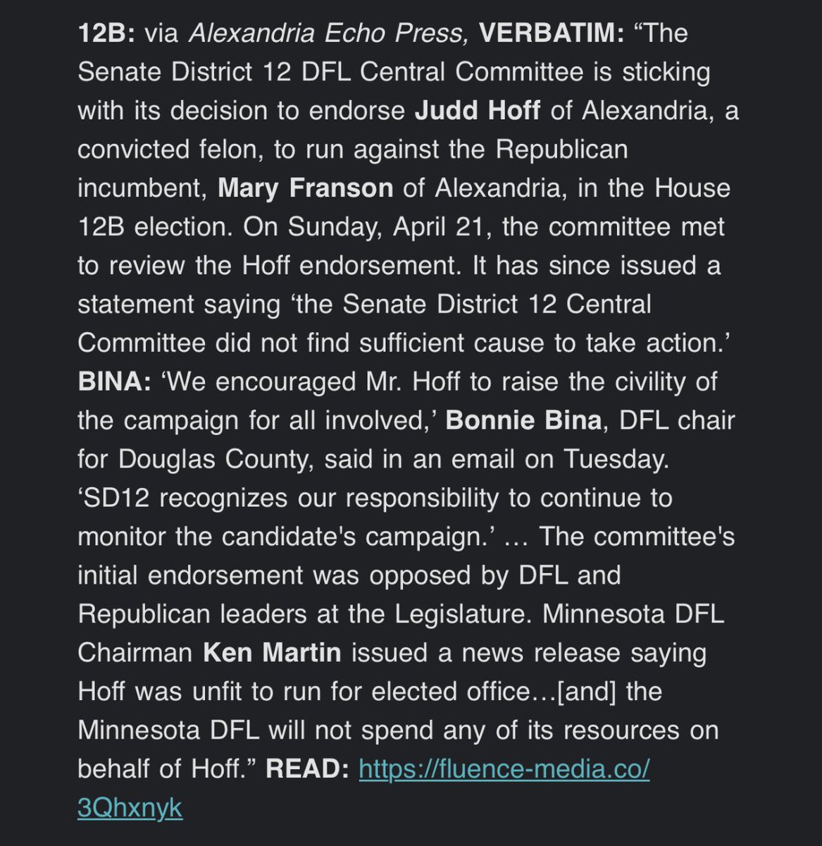 '[We] did not find sufficient cause to take action.' That's the conclusion of Democrats after reconsidering their endorsement of a machete-wielding trash-diving felon to run against Mary Franson for Minnesota House. Never, ever, let them tell you they care about women again.