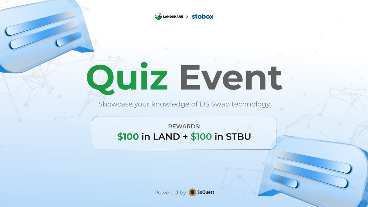 ⚡️ Join the thrilling quiz event to celebrate the listing of the $LSRWA token on the DS Swap platform! 🎁 Prize: $100 in $LAND + $100 in $STBU tokens 📅 Timeline: April 25th - May 2nd 👉 Join now: soquest.xyz/space/landshar… Our event combines simple social tasks with questions