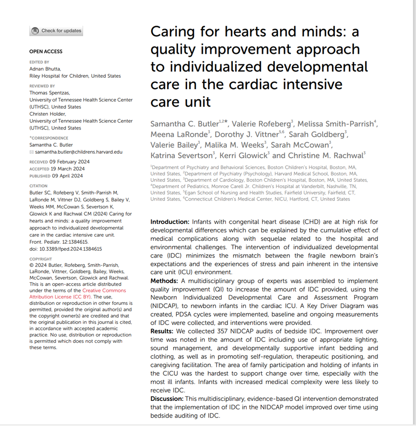 Years of effort and dedication went into this work to highlight the implementation of NIDCAP and developmental care in the CICU. So glad we had a wonderful team to carry this out. @vrofeber @dvitt8 #nidcap @NewbornCardiac file:///C:/Users/butler_s/Downloads/fped-12-1384615.pdf