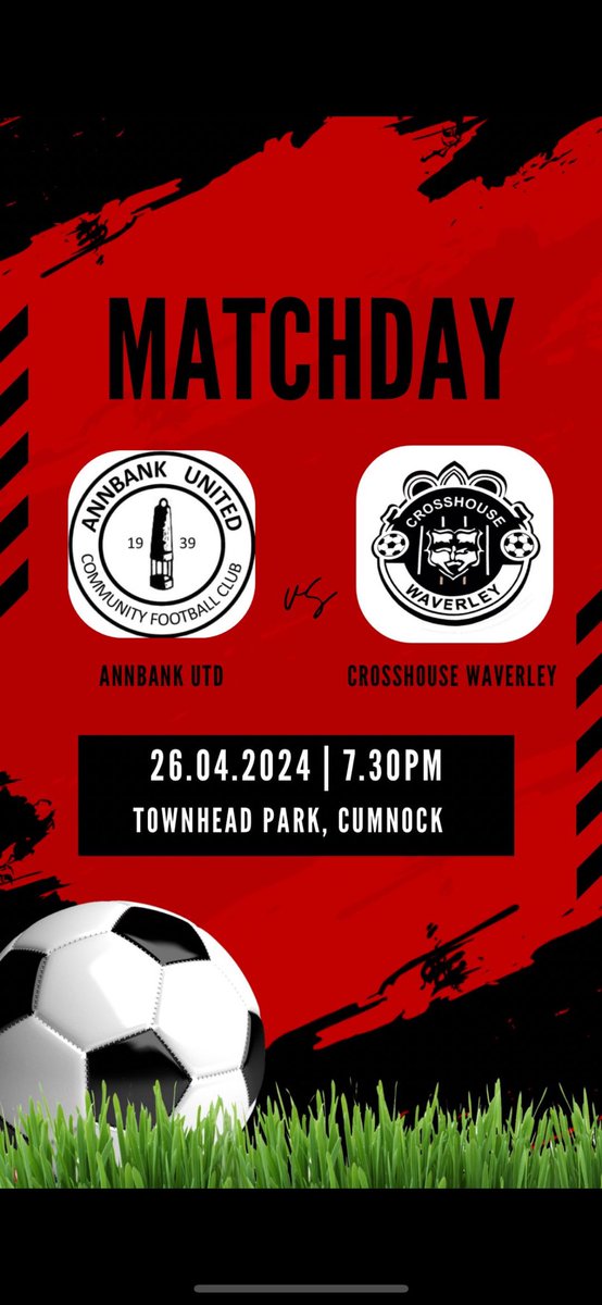TOMORROW

it’s the first of our 2 cup finals and we face premier league Annbank who have had a very strong season in the league and in cup competitions.

⚽️ @AnnbankUtdCFC 
🏆 GD Heating and Plumbing Trophy- Final.
🕘 19:30 kick off.
📍 Townhead Park, Cumnock.

🔴⚫️