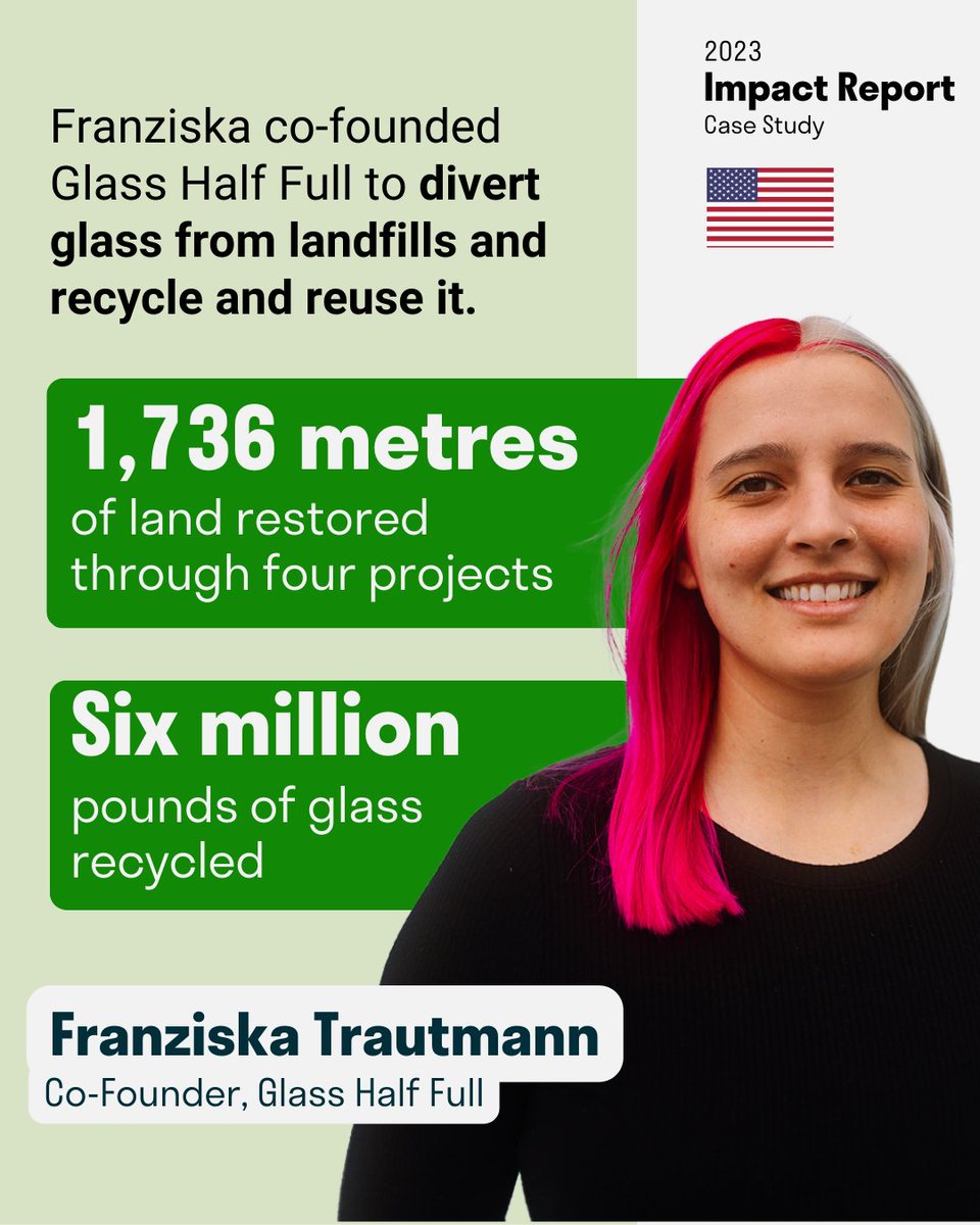 Turning glass into land 🫙 🏖️ There are over 50 million tonnes of glass in the world’s landfills. Franziska’s organisation diverts glass from landfills by offering residential and commercial glass recycling options in three US states. The collected glass is recycled into sand and…