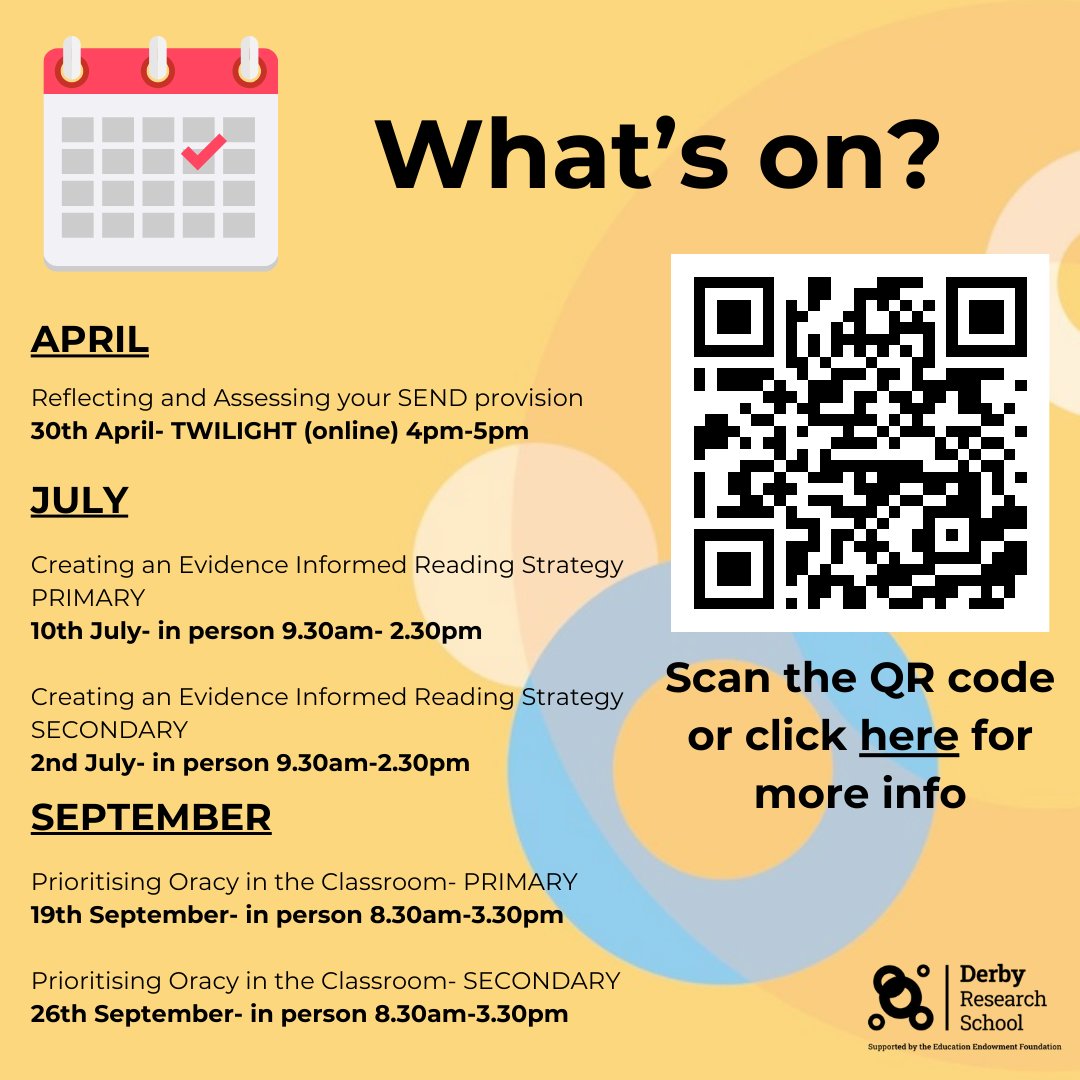 #HappyMondayMorning

What's on at DRS? 🗓️ 

For more information or to book please scan the QR code or follow the 🔗tinyurl.com/yvfa7jn9. 

 #DerbyResearchSchool #WhatsOn #EvidenceInformed