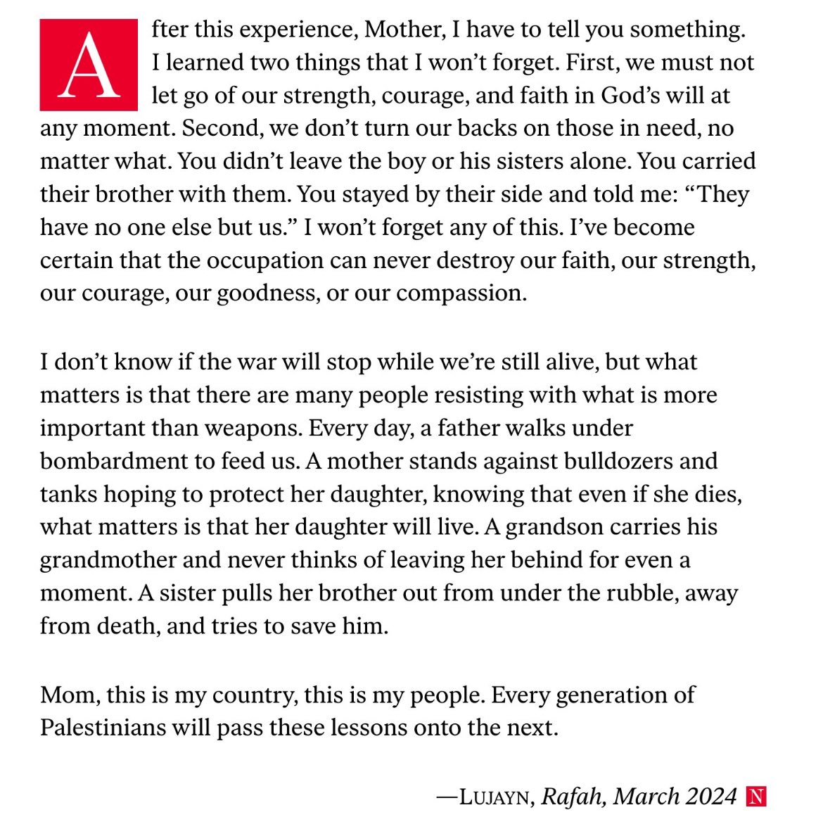My god. Please read this today. My heart is broken open again. Thank you Lujayn for telling your story. “The occupation can never destroy our faith, our strength, our courage, our goodness, or our compassion.” thenation.com/article/world/…