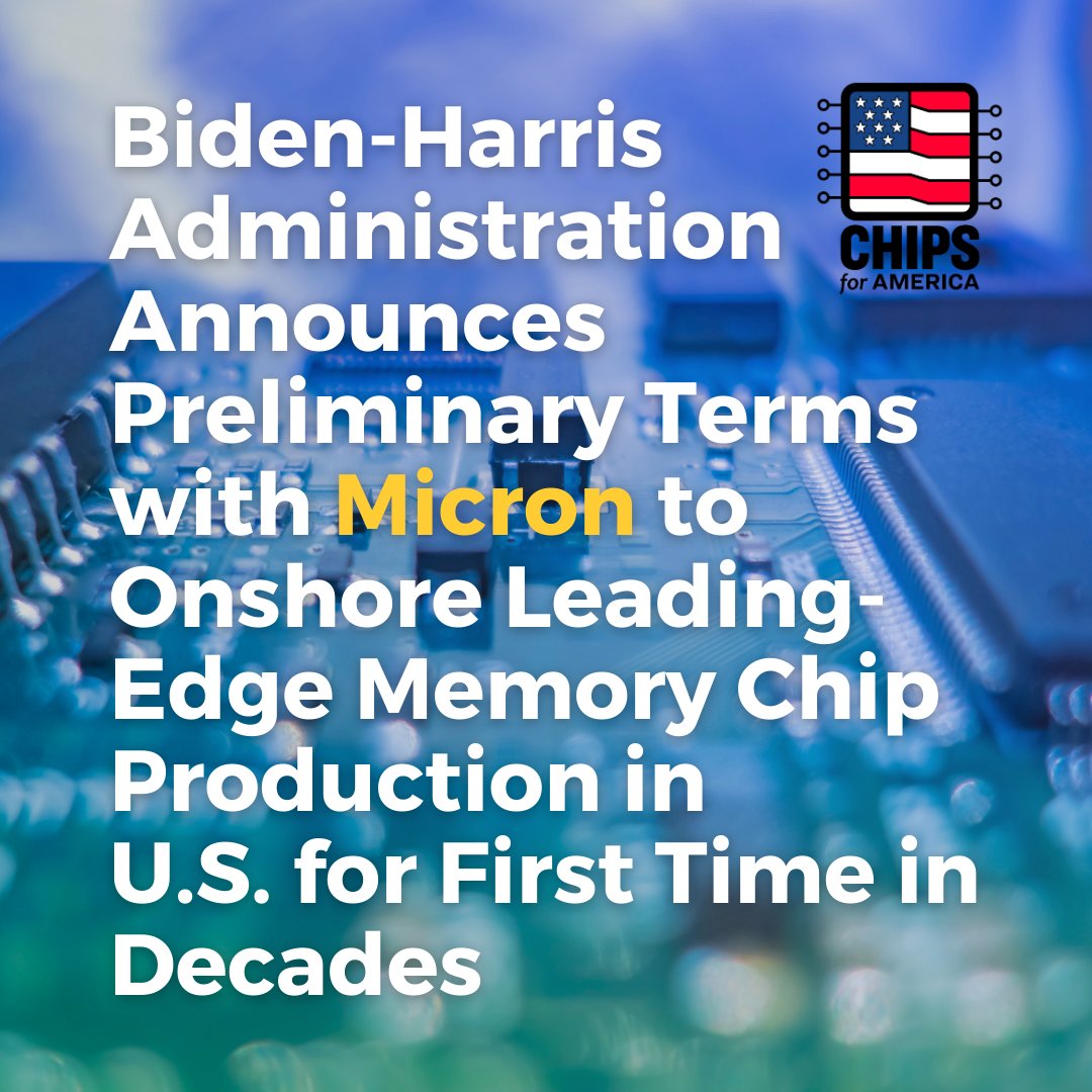 #NEWS: Biden-Harris Administration announced that @CommerceGov and @MicronTech have signed a non-binding preliminary memorandum of terms to provide up to roughly $6.14 billion in direct funding under the CHIPS and Science Act. commerce.gov/news/press-rel…