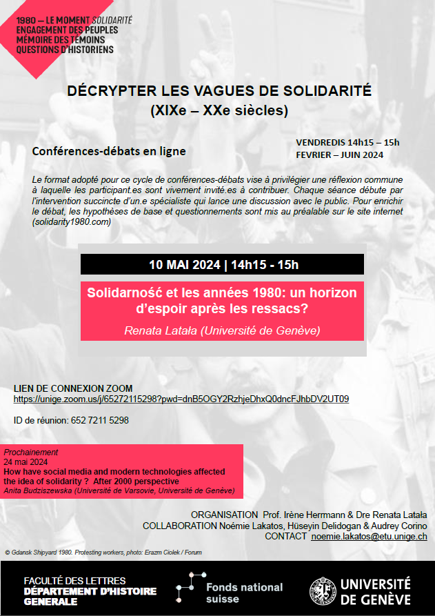 Solidarność et les années 1980: un horizon d’espoir après les ressacs? Conférence-débat en ligne 10 mars 2024 | 14h15-15h unige.ch/lettres/downlo…