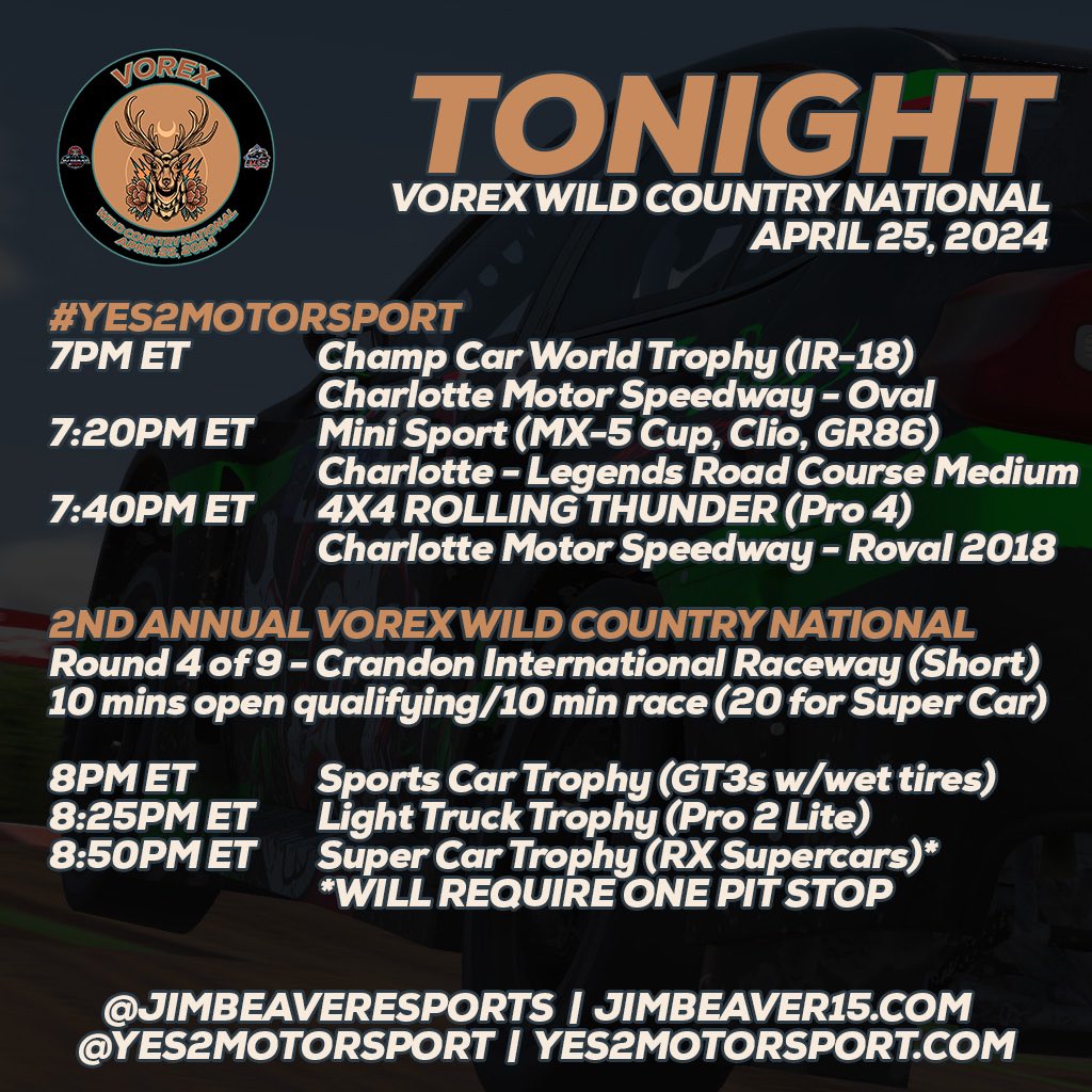 Don’t forget! We pushed back the team racing a month for a ton of different reasons. So tonight is a #VOREX night, and that means solo off-road enduros with the GT3s, Pro 2 Lites, and RX cars at Crandon Short. Lots of fun racing ahead, be sure to come hang with the gang!