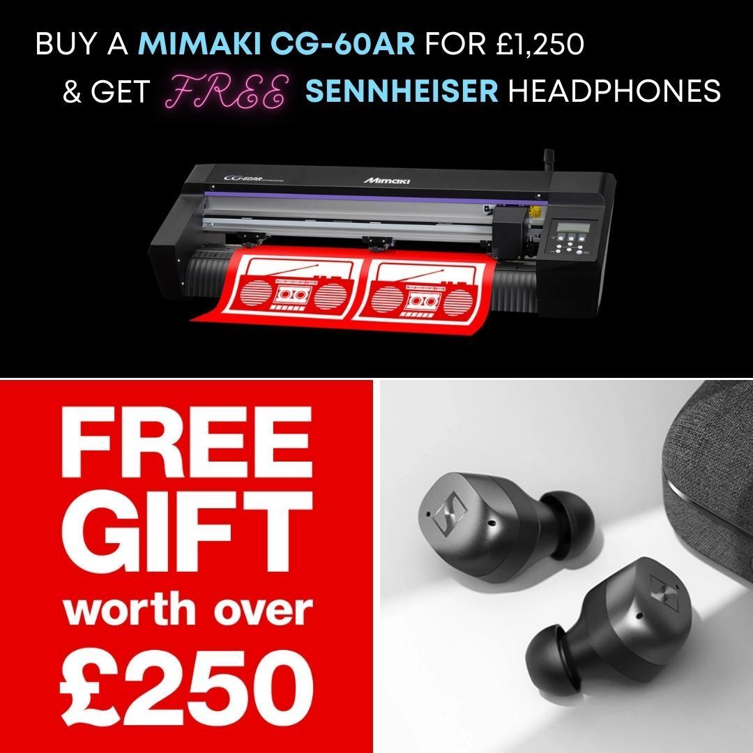 Turn up the volume on your creativity with a free set of Sennheiser Momentum True Wireless 4 headphones, worth £259.90 when you buy the Mimaki CG-60AR vinyl cutter. buff.ly/3Il1jVX