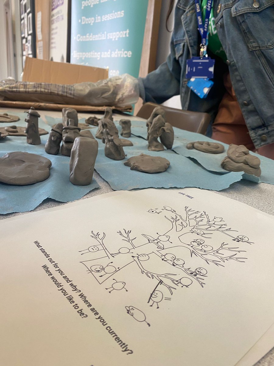 Our super talented EMHP Natasha hosted a very creative and practical wellbeing activity @TraffordCollege today! Using the life blob tree as inspiration, young people used clay to represent themselves, their feelings and their emotions. Looks fab doesn't it?🤩 #MHST #mentalhealth