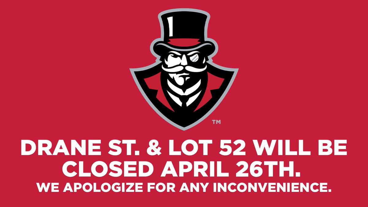 🚨April 26th Drane Street from West Avenue to College Street along with Lot 52 will be closed. Lot 40 will be accessible to and from College Street. We apologize for any inconvenience. #LetsGoPeay