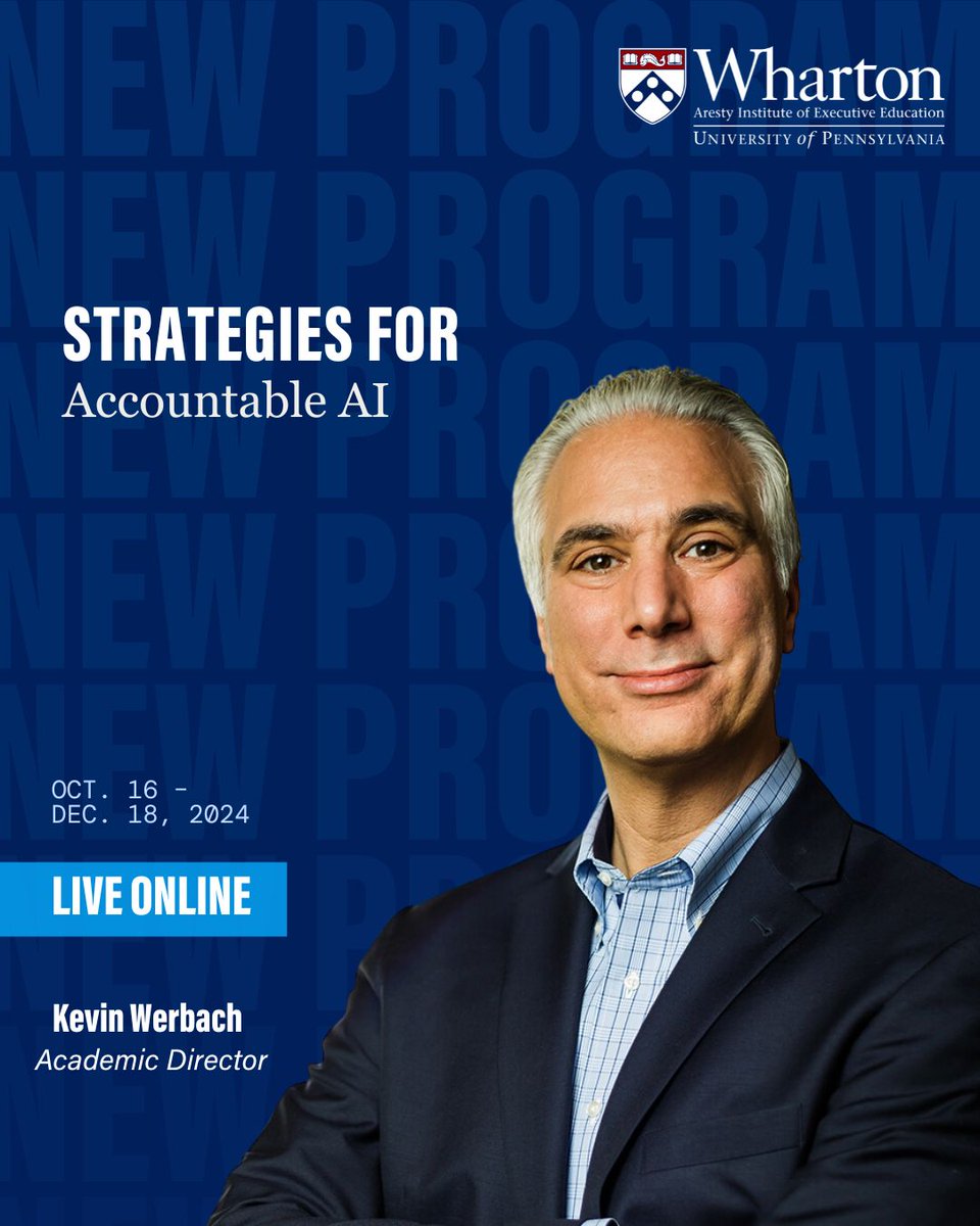 Check out the new #WhartonExecEd program 'Strategies for Accountable AI', led by @kwerb  & @AIatWharton faculty. 

This cutting-edge program is designed to equip executives w/ the tools to navigate implementing responsible #AI practices. 

Learn more here: whr.tn/3Qg2hqM