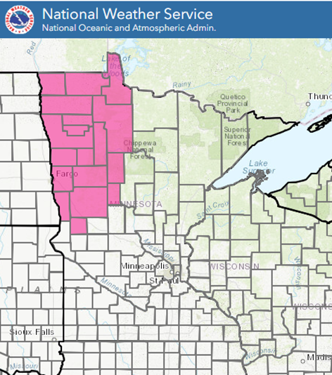Northwest Minnesota Red Flag Warning is in effect immediately until 7 pm for 18 counties. Strong winds and low humidity = very high fire potential. Be extra cautious with any outdoor activity that can cause heat or sparks. Check mndnr.gov/burnrestrictio…