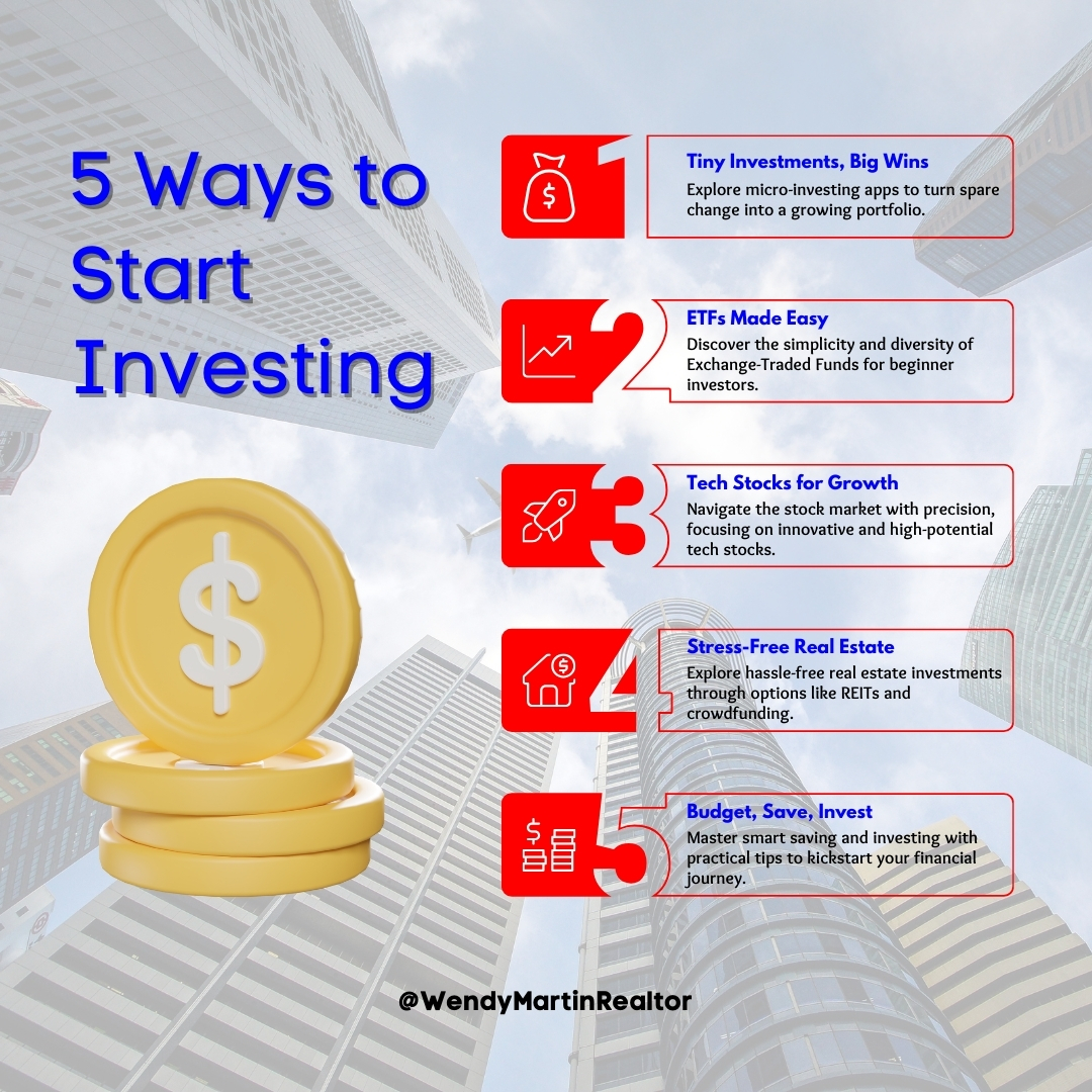 🌱 5 Ways to Start Investing 🌟  

Discover the stress-free world of real estate with Wendy Martin! 🏡 Let her expertise guide you through seamless transactions.

#WendyMartin #RealEstateAgent #RealtorinTexas #TexasRealtor #REMAXCorridor