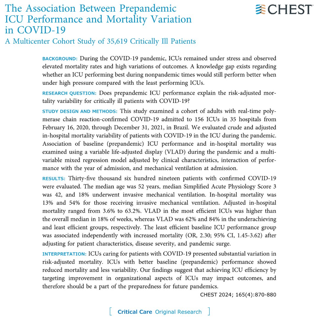 A study of 35,619 critically ill patients finds ICUs with better prepandemic performance showed reduced adjusted mortality and less variability during the pandemic. Read more in the April issue: hubs.la/Q02t_dTh0 #JournalCHEST #MedEd