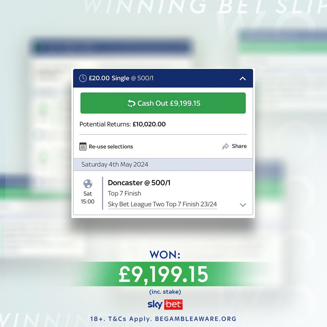 📆 25/2 - <a href="/jackhutch123/">Hutch™</a> places £20 bet on <a href="/drfc_official/">Doncaster Rovers FC</a> to finish in the top 7 of <a href="/SkyBetLeagueTwo/">Sky Bet League Two</a> with the team sitting in 20th.

⚽ Doncaster's form - ❌🤝✅✅✅✅✅✅✅✅✅✅

📆 24/4 - Bet cashed out with #DRFC sitting in 5th place with one game to play.