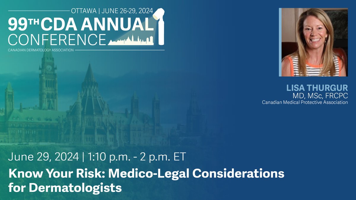 At this year’s #CdnDermConf, Lisa Thurgur will present data from CMPA cases to outline medico-legal considerations for dermatologists’ clinical practice. Curious to learn more about how you can protect yourself? Register for our conference!  bit.ly/42vfwsC