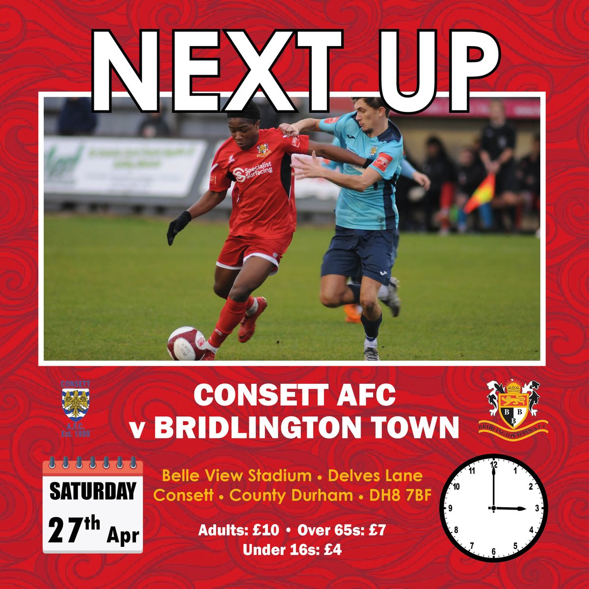 NEXT UP | Your East Riding Senior Cup Champions are back in action on Saturday, looking to secure our NPL status for next season. 🆚 Consett AFC ⏰ 3pm 📍 Belle View Stadium 🎟 £10 / £7 / £4 📅 Saturday 27th April 🔴⚪ #SeaSeaSeasiders