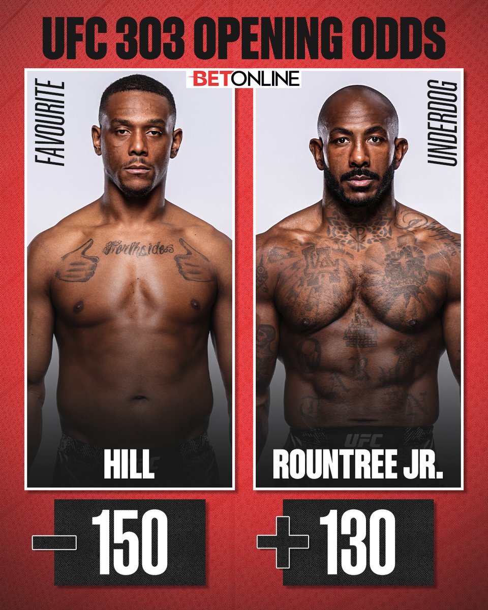 Khalil Rountree Jr. opens up as the 𝗨𝗡𝗗𝗘𝗥𝗗𝗢𝗚 in his UFC 303 co-main event fight with Jamahal Hill 👀 #UFC303 (odds vis @BetOnline_ag)